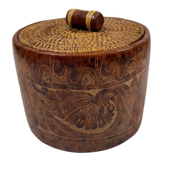 Market Bazaar Other - Market Bazaar‎ Stoneware Ceramic Terracotta Canister Woven Lid 5x6.5 Rustic Boho